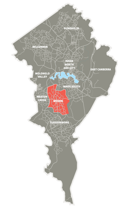 A map of Canberra with Woden Valley highlighted in red.